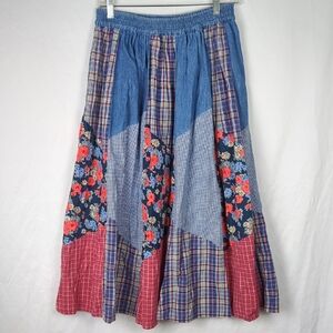 VINTAGE Women's Cottagecore Floral Plaid Patchwork Skirt